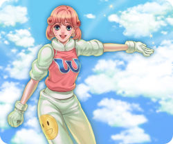 Rule 34 | 1girl, :d, a.mizu, blue eyes, blush, cloud, curly hair, day, female focus, gloves, happy, open mouth, pants, pastel (twinbee), pink hair, shirt, short hair, sky, smile, solo, sparkle, twinbee