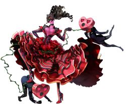 Rule 34 | 10s, 1girl, 2boys, black gloves, black hair, bow, bowtie, carmen (persona 5), cigar, cigarette, dress, flower, gloves, high heels, long dress, mask, multiple boys, official art, pantyhose, persona, persona 5, red rose, rose, simple background, soejima shigenori, twintails, white background, yellow eyes