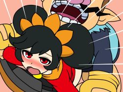 Rule 34 | 1boy, 1girl, ashley (warioware), bad id, bad pixiv id, black hair, blush, breasts, brown hair, clothed sex, clothes lift, commentary request, dress, dress lift, facial hair, fingerless gloves, gloves, hetero, mustache, nintendo, open mouth, red eyes, saka i hirokadu, sex, small breasts, twintails, wario, warioware