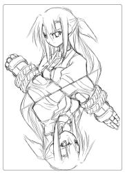 Rule 34 | 00s, 1girl, clenched hand, closed mouth, dress, expressionless, gauntlets, ginga nakajima, greyscale, long hair, long sleeves, looking at viewer, lyrical nanoha, mahou shoujo lyrical nanoha, mahou shoujo lyrical nanoha strikers, monochrome, revolver knuckle, sketch, symmetry, uka, uniform, upper body, very long hair