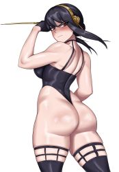 Rule 34 | 1girl, ass, back, black hair, blush, breasts, dagger, gloves, hairband, highres, huge ass, knife, large breasts, leotard, long hair, looking at viewer, mature female, red eyes, shadertoons, sideboob, sidelocks, skindentation, solo, spy x family, thick thighs, thighhighs, thighs, weapon, white background, yor briar