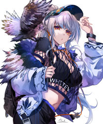 1girl arm_up bird black_shirt black_shorts breasts crop_top crop_top_overhang earphones fishnets fur_trim grey_hair highres hirai_yuzuki jacket long_hair long_sleeves looking_at_viewer medium_breasts midriff navel off_shoulder open_clothes open_jacket orange_eyes original owl parted_lips ponytail revealing_clothes shirt short_sleeves shorts solo stomach upper_body very_long_hair visor_cap white_jacket wristband