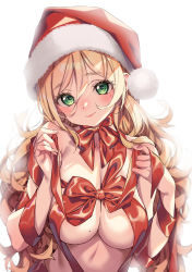 Rule 34 | 1girl, blonde hair, blush, breasts, christmas, closed mouth, convenient censoring, fur-trimmed headwear, fur trim, green eyes, hair between eyes, hat, head tilt, highres, kink (tortoiseshell), large breasts, long hair, looking at viewer, mole, mole on breast, mole under eye, naked ribbon, nude, original, red hat, red ribbon, ribbon, santa hat, smile, solo, wavy hair