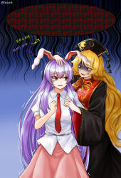 Rule 34 | 2girls, animal ears, belt, breasts, chinese clothes, clenched hands, collared shirt, eyelashes, feet out of frame, gold trim, hand on another&#039;s head, highres, junko (touhou), korean commentary, large breasts, ldschem16, legacy of lunatic kingdom, light purple hair, long hair, long sleeves, looking at another, looking to the side, multiple girls, necktie, phoenix crown, pink skirt, pom pom (clothes), rabbit ears, red necktie, reisen udongein inaba, ribbon, scared, shaded face, shirt, short sleeves, sidelocks, skirt, slit pupils, sweat, sweatdrop, nervous sweating, tabard, tassel, touhou, trembling, twitter username, very long hair, wavy hair, white shirt, wide sleeves, wing collar, yellow ribbon, you gonna get raped