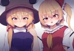 Rule 34 | 2girls, :o, adapted costume, arms behind back, ascot, blonde hair, blue vest, blush, breasts, breath, brown headwear, commentary request, darumoon, flandre scarlet, gradient background, grey background, head tilt, high collar, highres, looking at viewer, medium breasts, moriya suwako, multiple girls, no headwear, one side up, parted bangs, red eyes, red vest, short hair, side-by-side, sidelocks, smile, standing, touhou, upper body, vest, wings, yellow ascot, yellow eyes