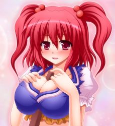 Rule 34 | 1girl, between breasts, blush, breasts, female focus, gradient background, hair bobbles, hair ornament, nagana sayui, onozuka komachi, red eyes, red hair, sexually suggestive, short hair, solo, touhou, twintails, two side up, upper body
