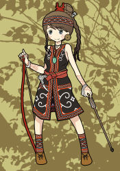Rule 34 | 1girl, arrow (projectile), artist request, bow (weapon), brown hair, female focus, full body, headband, jomon period, plant, solo, tattoo, weapon