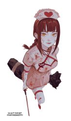 Rule 34 | 1girl, blood, blood on arm, blood on clothes, blood on face, blood on leg, braid, braided ponytail, breasts, chainsaw man, cleavage, cleavage cutout, clothing cutout, hat, highres, kamo (kamonegioisi), looking at viewer, makima (chainsaw man), medium breasts, medium hair, nurse, nurse cap, red hair, ringed eyes, sidelocks, simple background, smile, solo, thigh strap, trash bag, twitter username, white background, yellow eyes