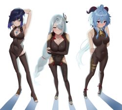 Rule 34 | 3girls, absurdres, ahoge, aqua hair, arms behind back, arms behind head, bare arms, bead choker, bell, black thighhighs, blue eyes, blue hair, blush, bodystocking, bodysuit, braid, breast hold, breasts, chinese knot, cleavage, closed mouth, clothing cutout, collarbone, covered navel, diagonal bangs, eyeliner, fingerless gloves, full body, ganyu (genshin impact), genshin impact, gloves, groin, hair ornament, hair over one eye, high heels, highres, hip vent, holding own arm, horns, large breasts, leavv, long hair, looking at viewer, looking away, makeup, medium breasts, multiple girls, nail polish, neck bell, no gloves, purple eyes, shadow, shenhe (genshin impact), short hair, shoulder cutout, sidelocks, simple background, single braid, sleeveless, solo, standing, tassel, thighhighs, thighlet, thighs, white background, yelan (genshin impact)