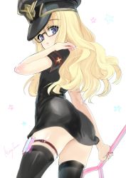 Rule 34 | 1girl, arm up, ass, black hat, black thighhighs, blonde hair, blue eyes, dress, emily (pure dream), from behind, from below, glasses, hand on own shoulder, hat, highres, long hair, looking back, looking down, original, peaked cap, short dress, solo, thigh strap, thighhighs, vial, wand, zettai ryouiki