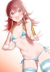 Rule 34 | 1girl, ahoge, backpack, bag, bare shoulders, bikini, blue bikini, blue thighhighs, blush, breasts, collarbone, gradient background, hair between eyes, hand gesture, highres, hip focus, idolmaster, idolmaster shiny colors, komiya kaho, long hair, looking at viewer, navel, nekoshoko, open mouth, red eyes, red hair, side-tie bikini bottom, small breasts, smile, solo, striped clothes, striped thighhighs, swimsuit, thighhighs, thighs, v-shaped eyebrows, w