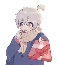 Rule 34 | 1girl, ahoge, averting eyes, backlighting, bag, blue coat, blush stickers, brown eyes, coat, commentary, genderswap, genderswap (mtf), gift, grey hair, gustavo schuler, hair between eyes, highres, incoming gift, long hair, long sleeves, looking to the side, multicolored hair, onii-chan wa oshimai!, open mouth, oyama mahiro, pink hair, pov, scarf, simple background, solo, symbol-only commentary, two-tone hair, upper body, white background