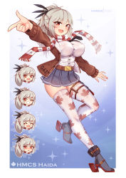 Rule 34 | 1girl, absurdres, blue skirt, breasts, brown jacket, destroyer, full body, grey hair, high heels, highres, hmcs haida (g63), jacket, large breasts, leaf print, long hair, long sleeves, maple leaf print, military, military vehicle, miniskirt, open clothes, open jacket, original, personification, pleated skirt, ponytail, red eyes, royal canadian navy, rudder footwear, scarf, ship, shirt, skirt, striped clothes, striped scarf, thigh strap, thighhighs, virus-g, warship, watercraft, white shirt, white thighhighs