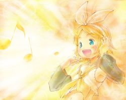 Rule 34 | 1girl, blonde hair, blue eyes, blush, detached sleeves, ecocobo, female focus, kagamine rin, midriff, music, musical note, quaver, short hair, singing, smile, solo, vocaloid