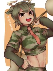 Rule 34 | 10s, 1girl, :d, animal ears, aurochs (kemono friends), brown eyes, brown hair, camouflage, camouflage shirt, character name, collared shirt, cow ears, crop top, cropped shirt, dark-skinned female, dark skin, dodo taro, empty eyes, fingernails, green hair, hand on own hip, hand up, heart, holding, holding weapon, horns, kemono friends, layered sleeves, long sleeves, looking at viewer, midriff, multicolored hair, navel, necktie, open mouth, over shoulder, red necktie, shirt, short hair, short over long sleeves, short sleeves, smile, solo, stomach, teeth, toned, twisted torso, two-tone hair, upper body, upper teeth only, v-shaped eyebrows, weapon, weapon over shoulder, wing collar