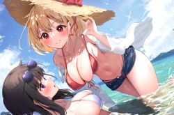 Rule 34 | 2girls, :o, bare shoulders, bikini, black hair, blonde hair, blue sky, blush, bow, breasts, cleavage, closed mouth, cloud, cloudy sky, collarbone, day, denim, denim shorts, dutch angle, eyewear on head, front-tie bikini top, front-tie top, groin, hair between eyes, hair ribbon, halterneck, hat, hat bow, highres, inoue takina, large breasts, leaning forward, long hair, long sleeves, looking at another, lycoris recoil, multiple girls, navel, nishikigi chisato, ocean, off shoulder, open clothes, open shirt, outdoors, parted lips, partially submerged, purple eyes, red bikini, red bow, red eyes, red ribbon, ribbon, shirt, short hair, short shorts, shorts, sidelocks, sky, smile, stomach, straw hat, sun hat, sunglasses, suzushi moruto, swimsuit, thighs, unzipped, wading, water, wet, white bikini, white shirt, yuri