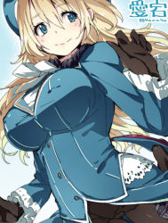 Rule 34 | 10s, 1girl, atago (kancolle), beret, black gloves, blonde hair, blue eyes, breasts, character name, gloves, hand up, hat, highres, kantai collection, large breasts, long hair, looking to the side, military, military uniform, panties, panties under pantyhose, pantyhose, personification, solo, super zombie, thigh gap, twitter username, underwear, uniform