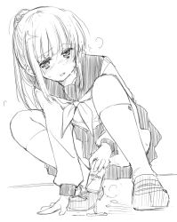 Rule 34 | 1girl, arm support, blush, bottle, breath, collarbone, highres, holding, kneehighs, long hair, long sleeves, looking at viewer, minase shuu, monochrome, neckerchief, no panties, open mouth, peeing, peeing in cup, ponytail, puddle, school uniform, shirt, shoes, sketch, skirt, smile, socks, squatting, steam, sweat
