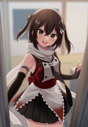 Rule 34 | 1girl, black gloves, black hair, black neckerchief, black skirt, blurry, brown eyes, buttons, commentary request, cowboy shot, depth of field, door, double-breasted, elbow gloves, fingerless gloves, gloves, highres, ica, kantai collection, looking at viewer, neckerchief, open mouth, sailor collar, scarf, school uniform, sendai (kancolle), sendai kai ni (kancolle), serafuku, skirt, solo, standing, teeth, two side up, upper teeth only, white sailor collar, white scarf