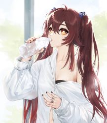 Rule 34 | 1girl, black nails, bottle, breasts, brown hair, cleavage, drinking, genshin impact, highres, holding, holding bottle, hu tao (genshin impact), jewelry, long hair, multiple rings, nail polish, partially unbuttoned, raku (clearpage), red eyes, ring, shirt, shirt slip, solo, symbol-shaped pupils, twintails, very long hair, water, water bottle, white shirt