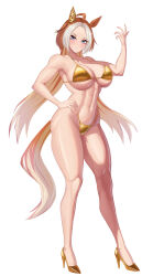 Rule 34 | 1girl, abs, absurdres, ahoge, animal ears, bikini, breasts, brown hair, cleavage, ear covers, full body, gold bikini, gold shoes, hair intakes, hand on own hip, hatch (hatch24601), high heels, highleg, highleg bikini, highres, horse ears, horse girl, horse tail, large breasts, long hair, looking at viewer, multicolored hair, orfevre (umamusume), purple eyes, simple background, single ear cover, solo, swimsuit, tail, two-tone hair, umamusume, white background, white hair