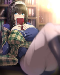 Rule 34 | 10s, 1girl, black hair, black pantyhose, blue eyes, blurry, blush, book, bookshelf, breasts, covering own mouth, depth of field, female focus, hairband, holding, holding book, idolmaster, idolmaster cinderella girls, indoors, large breasts, light particles, long hair, long sleeves, looking at viewer, murasame nohito, on floor, pantyhose, plaid, reclining, sagisawa fumika, shawl, shirt, solo, taut clothes, taut shirt