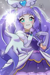 Rule 34 | 1girl, aqua eyes, artist logo, backlighting, blurry, blurry foreground, brooch, commentary, cure majesty, dress, elbow gloves, ellee-chan, foreshortening, gloves, hand on own chest, highres, hirogaru sky! precure, jewelry, light particles, long hair, looking at viewer, magical girl, moro precure, o kakugo wa yoroshikute?, precure, purple dress, purple hair, short sleeves, smile, solo, standing, two side up, very long hair, white gloves, wing brooch, wing hair ornament