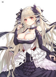 Rule 34 | 1girl, azur lane, between breasts, black nails, blush, breasts, cleavage, clothes lift, cowboy shot, detached collar, dress, formidable (azur lane), frilled dress, frills, hair ribbon, highres, large breasts, long hair, looking at viewer, melailai, nail polish, no bra, pink eyes, ribbon, silver hair, simple background, skirt, skirt lift, solo, twintails, white background