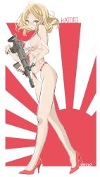 Rule 34 | 1girl, absurdres, alternate costume, artist name, bikini, blonde hair, breasts, character name, from side, full body, green eyes, gun, high heels, highres, holding, holding gun, holding magazine (weapon), holding weapon, japanese flag, kantai collection, katori (kancolle), large breasts, looking at viewer, magazine (weapon), red footwear, rising sun flag, sideboob, simple background, solo, sunburst, swimsuit, tada (tactical tada), underboob, weapon, white background, white bikini