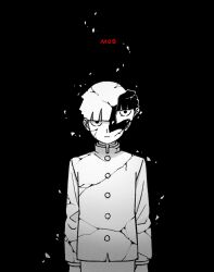 Rule 34 | 1boy, :|, arms at sides, bowl cut, character name, closed mouth, cracked skin, eduroku, expressionless, gakuran, greyscale, highres, hollow body, kageyama shigeo, light particles, long sleeves, looking at viewer, male focus, mob psycho 100, monochrome, school uniform, short hair, simple background, solo, spot color, straight-on, upper body
