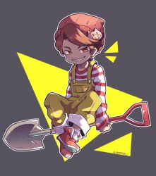 Rule 34 | 1boy, beanie, brown eyes, brown hair, collarbone, evil grin, evil smile, full body, grin, hat, highres, holding, holding shovel, kotorai, long sleeves, looking at viewer, male focus, marumaru no shuyaku wa wareware da!, outline, pig hair ornament, red footwear, shaoron, shirt, shoes, short hair, shovel, signature, smile, striped clothes, striped shirt, white outline, yellow overalls