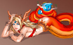 Rule 34 | 1girl, belt, blonde hair, blue eyes, breast press, choker, circlet, echidna (p&amp;d), jewelry, lamia, lipstick, long hair, lying, makeup, monster, monster girl, puzzle &amp; dragons, shadow, sketch, take (draghignazzo)