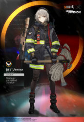 Rule 34 | 1girl, agent vector (girls&#039; frontline), agent vector (searing edge) (girls&#039; frontline), axe, boots, crossover, firefighter, firefighter jacket, girls&#039; frontline, grey hair, gun, holstered, hose, hose reel, jacket, kriss usa, kriss vector, magpul, new york city fire department, official alternate costume, official art, osprey 45, pantyhose, polygonal suppressor, shawl, short hair, silencerco, smile (mm-l), solo, submachine gun, suppressor, thighhighs, tom clancy&#039;s the division, transformational defense industries, vector (girls&#039; frontline), watch, weapon, wristwatch, yellow eyes