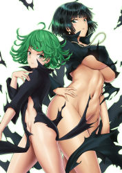 Rule 34 | 2girls, ahoge, akihoyy, black dress, breasts, commentary, curly hair, dress, earrings, fubuki (one-punch man), green eyes, green hair, highres, jewelry, large breasts, long sleeves, looking at another, looking at viewer, multiple girls, navel, necklace, no panties, one-punch man, short hair, siblings, simple background, sisters, small breasts, tatsumaki, torn clothes, white background