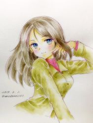 Rule 34 | 1girl, black hair, blue eyes, closed mouth, colored pencil (medium), commentary, cropped torso, dated, girls und panzer, green jacket, hand in own hair, jacket, leaning forward, long hair, long sleeves, looking at viewer, nonna (girls und panzer), one-hour drawing challenge, pravda school uniform, q-bee (aaru), red shirt, school uniform, shirt, smile, solo, swept bangs, texture, traditional media, turtleneck, twintails, upper body