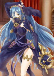 Rule 34 | 1girl, absurdres, arm up, asymmetrical legwear, azura (fire emblem), black sleeves, blue dress, blue hair, blue panties, blue pantyhose, bridal gauntlets, detached sleeves, dress, fire emblem, fire emblem fates, floating hair, hair between eyes, highres, holding, holding polearm, holding weapon, ikastak, jewelry, long dress, long hair, long sleeves, looking at viewer, mouth veil, necklace, nintendo, outdoors, panties, pantyhose, polearm, see-through, side slit, single leg pantyhose, sleeveless, sleeveless dress, solo, standing, thighlet, underwear, uneven legwear, veil, very long hair, weapon, yellow eyes