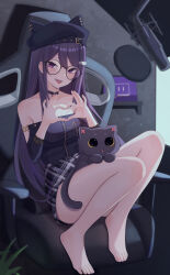 Rule 34 | 1girl, :p, animal hat, bare shoulders, barefoot, black choker, black hat, breasts, can zhu, cat, cat hair ornament, cat hat, chair, choker, fangs, feet, gaming chair, glasses, grey skirt, hair ornament, hat, heart, heart hands, highres, knees up, ksp (vtuber), long hair, long sleeves, looking at viewer, medium breasts, meridian project, microphone, miniskirt, monitor, off-shoulder shirt, off shoulder, official alternate costume, plaid, plaid skirt, pop filter, purple eyes, purple hair, round eyewear, shirt, sitting, skirt, solo, strapless, strapless shirt, swivel chair, toes, tongue, tongue out, twitch logo, very long hair, virtual youtuber, zipper, zipper pull tab
