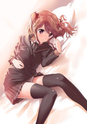 Rule 34 | 1girl, amagami, bed, brown eyes, brown hair, highres, legs, lying, nakata sae, pillow, revision, school uniform, serafuku, short hair, solo, suzume inui, thighhighs, twintails