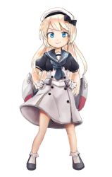 Rule 34 | 1girl, blue eyes, blue sailor collar, closed mouth, dress, full body, gloves, hat, hat ribbon, jervis (kancolle), kantai collection, long hair, looking at viewer, machinery, mary janes, ribbon, sailor collar, sailor dress, shimobe, shoes, short sleeves, simple background, smile, solo, standing, white background, white gloves, white hat