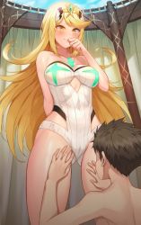 Rule 34 | 1boy, 1girl, arm behind back, armpits, back, bad id, bad pixiv id, bare arms, bare shoulders, black hair, blonde hair, blue sky, blush, breasts, cameltoe, casual one-piece swimsuit, chest jewel, cleavage, clenched hand, clothing cutout, cloud, covered navel, curtains, day, diamond (shape), embarrassed, fitting room, flipped hair, from behind, from below, gem, glowing, gluteal fold, green gemstone, groping, hair ornament, hand to own mouth, hand up, hands up, headpiece, hetero, hip vent, jagaimo (kkamja), jewelry, large breasts, long hair, looking at another, looking at viewer, mythra (radiant beach) (xenoblade), mythra (xenoblade), nintendo, one-piece swimsuit, oral, outdoors, parted bangs, pussy, rex (xenoblade), ribbed swimsuit, sideburns, sky, spiked hair, standing, strapless, strapless one-piece swimsuit, swept bangs, swimsuit, thigh grab, thighs, tiara, topless male, underboob cutout, very long hair, white one-piece swimsuit, wide hips, xenoblade chronicles (series), xenoblade chronicles 2, yellow eyes