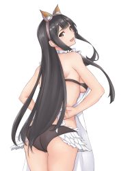 Rule 34 | 10s, 1girl, :d, apron, ass, bikini, black bikini, black eyes, black hair, breasts, granblue fantasy, highres, jessica (granblue fantasy), long hair, looking at viewer, looking back, open mouth, simple background, smile, solo, swimsuit, terry (pixiv3274443), white background