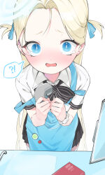Rule 34 | !?, 1girl, absurdres, apron, black bow, black bowtie, black skirt, blonde hair, blue apron, blue archive, blue eyes, blue halo, blush, bow, bowtie, collared shirt, gang h, halo, highres, long hair, looking at viewer, open mouth, pleated skirt, polo shirt, shirt, simple background, skirt, solo, sora (blue archive), tears, two side up, white background, white shirt