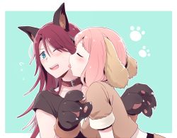 Rule 34 | 2girls, animal ears, animal hands, aqua background, bang dream!, black shirt, blue eyes, blush, brown shirt, closed eyes, collar, dog ears, flying sweatdrops, fur-trimmed sleeves, fur trim, gloves, hair over shoulder, kemonomimi mode, licking, licking another&#039;s face, long hair, low twintails, multiple girls, one eye closed, outline, paw gloves, paw print, pink hair, re ghotion, red hair, shirt, short sleeves, simple background, t-shirt, twintails, udagawa tomoe, uehara himari, upper body, white outline, yuri