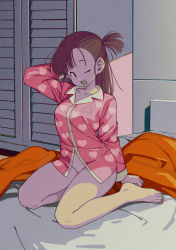 Rule 34 | 1girl, absurdres, barefoot, bed, bottomless, breasts, brown hair, bulma, collarbone, dragon ball, dragon ball (classic), facing viewer, feet, female focus, full body, heart, heart print, highres, indoors, long hair, looking at viewer, medium breasts, no panties, on bed, one eye closed, open mouth, pajamas, red eyes, rokoido12, side ponytail, sitting, small breasts, solo, thighs, toes, wariza