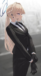 Rule 34 | 1girl, alternate costume, alternate hairstyle, black gloves, black necktie, black suit, blonde hair, blue archive, blue eyes, blurry, blurry background, braid, business suit, closed mouth, collared shirt, earpiece, formal, french braid, from side, gloves, halo, highres, long hair, long sleeves, necktie, ponytail, putting on gloves, shirt, silver bullet (ecc12 8), solo, suit, toki (blue archive), white shirt