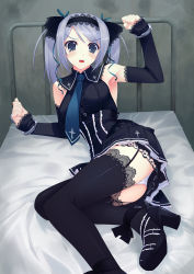 Rule 34 | 1girl, bdsm, black thighhighs, blue eyes, blue hair, blush, bondage, bound, breasts, cross, cuffs, detached sleeves, f-ism, garter straps, gothic lolita, hairband, handcuffs, high heels, highres, imminent rape, lace, lace-trimmed legwear, lace-trimmed skirt, lace trim, lolita fashion, matching hair/eyes, murakami suigun, necktie, on bed, open mouth, original, panties, pantyshot, skirt, solo, tears, thighhighs, twintails, underwear, upskirt, white panties