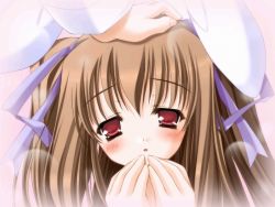 Rule 34 | 1girl, animal ears, blush, brown hair, close-up, game cg, hair ribbon, hand on another&#039;s head, long hair, lump of sugar, moekibara fumitake, non-web source, open mouth, piz, purism egoist, rabbit ears, red eyes, ribbon, robot, smile, solo focus, twintails