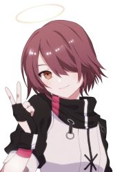Rule 34 | 1girl, arknights, black gloves, black sleeves, exusiai (arknights), fingerless gloves, fuco, gloves, hair over one eye, halo, hand up, jacket, looking at viewer, orange eyes, red hair, short sleeves, simple background, smile, solo, v, white background, white jacket