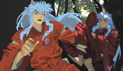 Rule 34 | against tree, animal ears, arm across chest, arm behind head, arm up, arrow (projectile), arrow through heart, barefoot, black background, bow, claws, commentary, crossed legs, dappled sunlight, day, dog ears, hakama, half-closed eye, hand up, highres, in tree, injury, inuyasha, inuyasha (character), japanese clothes, japtangtang2, jewelry, kimono, korean commentary, leaning back, long hair, looking down, male focus, multiple views, necklace, open mouth, orb, outdoors, red bow, red kimono, shikon no tama, sidelocks, sitting, sunlight, teeth, thick eyebrows, tree, upper teeth only, very long hair, white hair, yellow eyes