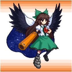Rule 34 | 1girl, arm cannon, asymmetrical footwear, bird wings, black footwear, black frills, black wings, blouse, bow, brown hair, cape, collared shirt, control rod, frilled skirt, frills, green bow, green skirt, hair bow, long hair, lowres, mismatched footwear, pixel art, red eyes, reiuji utsuho, shirt, short sleeves, skirt, smile, solo, starry sky print, third eye, touhou, tsukimiya toito, v-shaped eyebrows, weapon, white shirt, wings